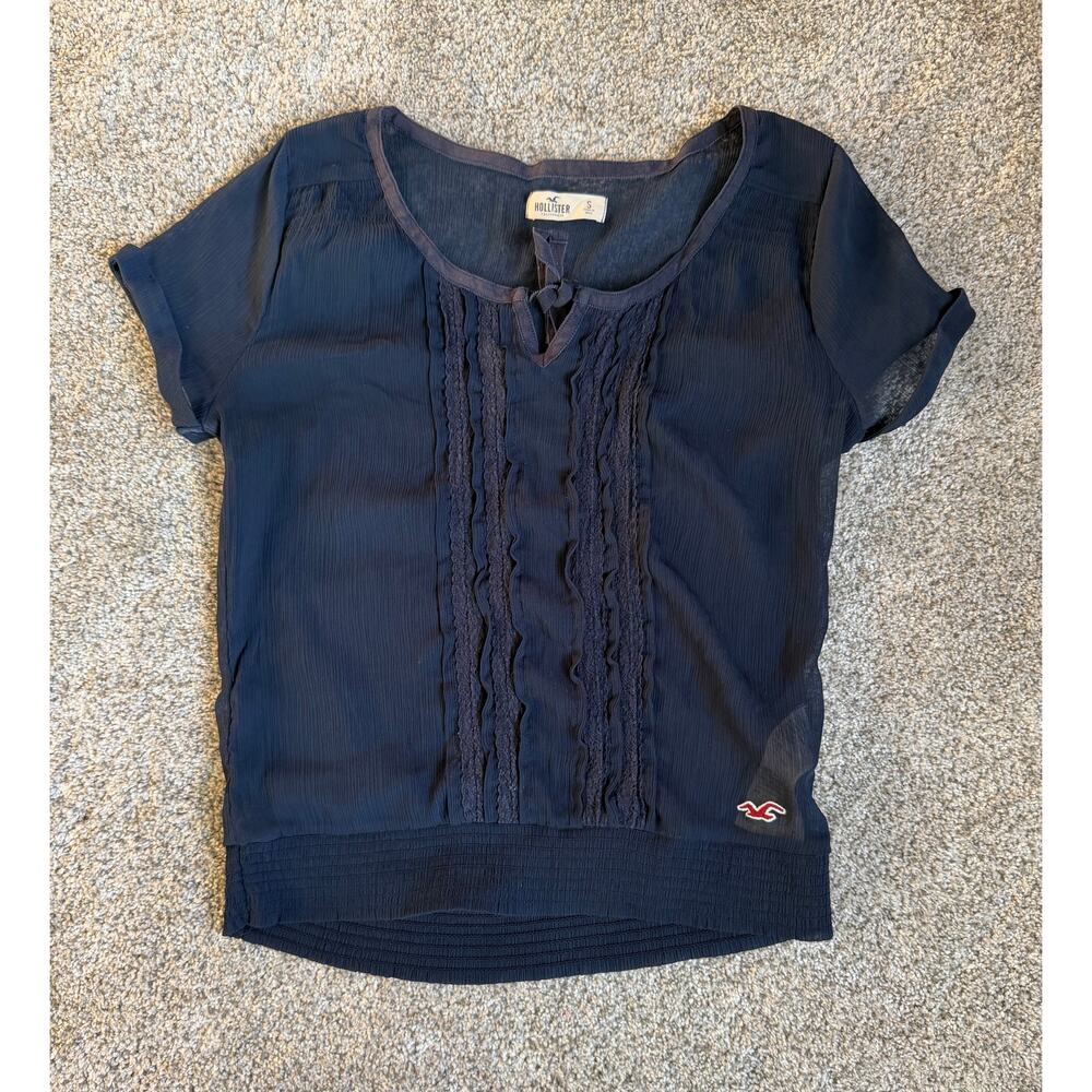 Y2K Hollister Navy‎ Blue Short-Sleeve Sheer Ruffled Blouse Small